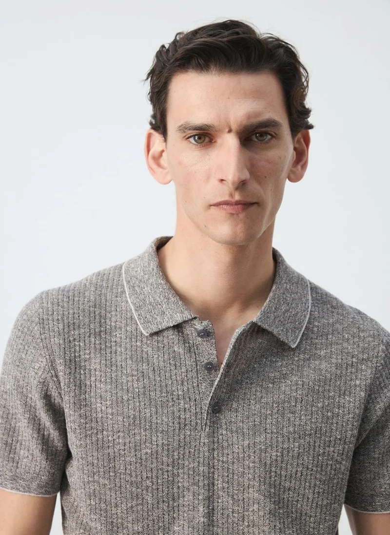Mango Man 56-NAVY Ribbed Cotton-Linen-Blend Polo for Men | Best Price UAE