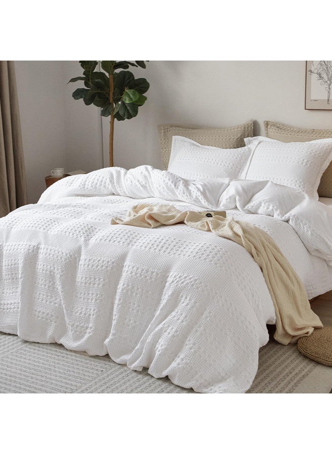 PHF PHF 100% Cotton Waffle Duvet Cover King Size, Soft Breathable Cotton Bedding Duvet Cover Set for All Season, Waffle Weave Textured for Aesthetic Luxury Home Decor, 2 Pillow Shams, 104"x90", White  - Image 2