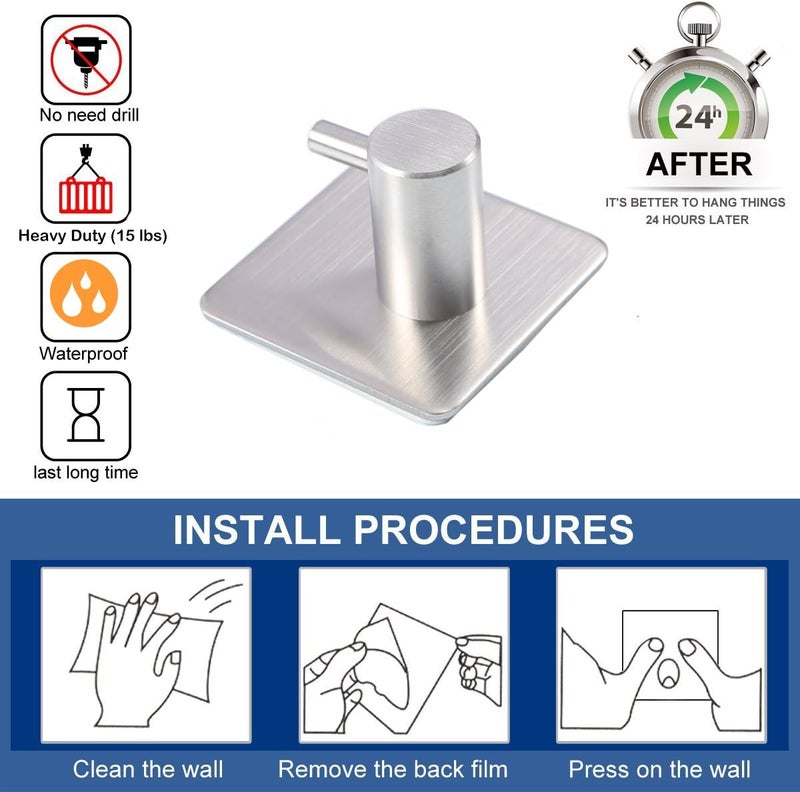 Heavy Duty Adhesive Hooks - 4 Pack Waterproof Stainless Steel Wall Hooks for Hanging Coats , Hats , Towels , and Robes - Image 5