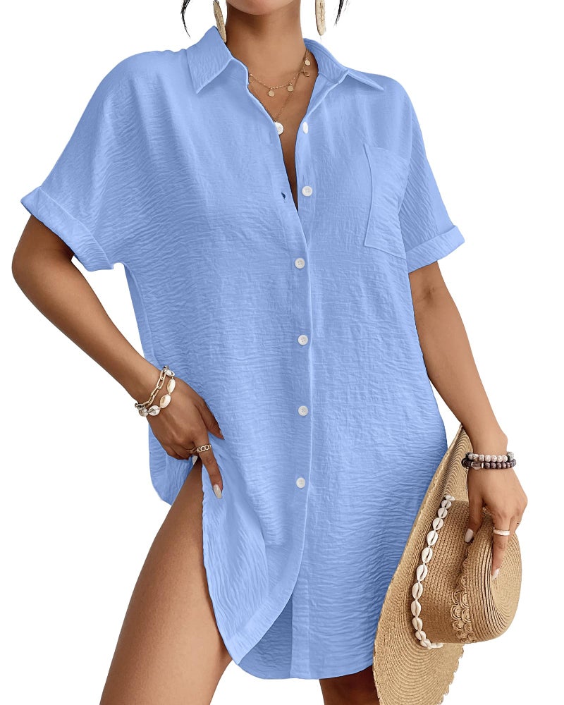 Bsubseach Women Swimsuit Coverup Shirt Dress Button Down Bathing Suit Cover Up Beach Vacation Outfits Light Blue M - Image 1