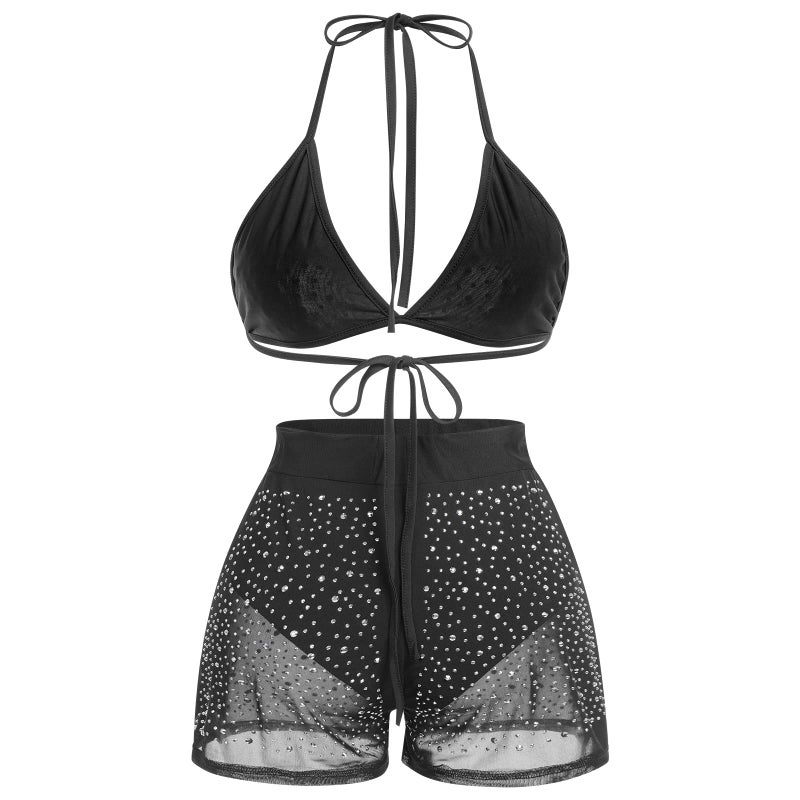 ABAFIP Women's Mesh Sheer Sparkle Rhinestone Bikini Sets Halter Bikini Bra Top High Waist Shorts Bottom Bathing Suit Rave Outfits Black Small - Image 3