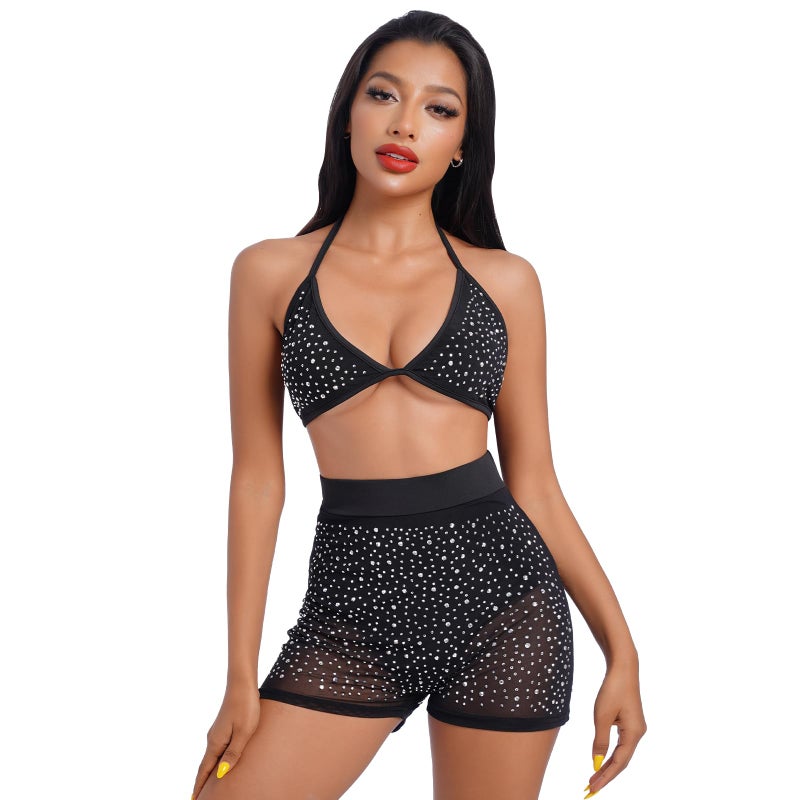 ABAFIP Women's Mesh Sheer Sparkle Rhinestone Bikini Sets Halter Bikini Bra Top High Waist Shorts Bottom Bathing Suit Rave Outfits Black Small - Image 2