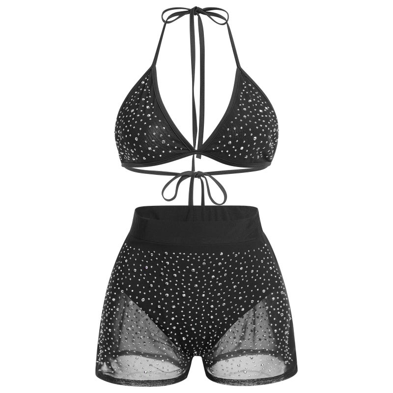 ABAFIP Women's Mesh Sheer Sparkle Rhinestone Bikini Sets Halter Bikini Bra Top High Waist Shorts Bottom Bathing Suit Rave Outfits Black Small - Image 1