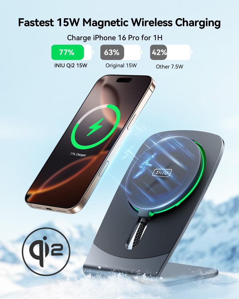 INIU Magnetic Wireless Charger Stand, Qi2 Certified 15W Mag-Safe Wireless Charging Pad with Cooling Fan, Fast Charging Pad for iPhone 17 16 15 14 13 12 Series AirPods 4 3 2 Pro (with Adapter) - Image 2
