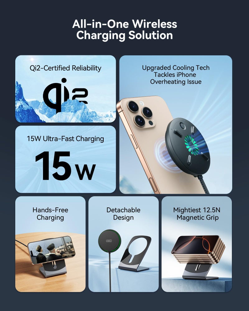 INIU Magnetic Wireless Charger Stand, Qi2 Certified 15W Mag-Safe Wireless Charging Pad with Cooling Fan, Fast Charging Pad for iPhone 17 16 15 14 13 12 Series AirPods 4 3 2 Pro (with Adapter) - Image 3