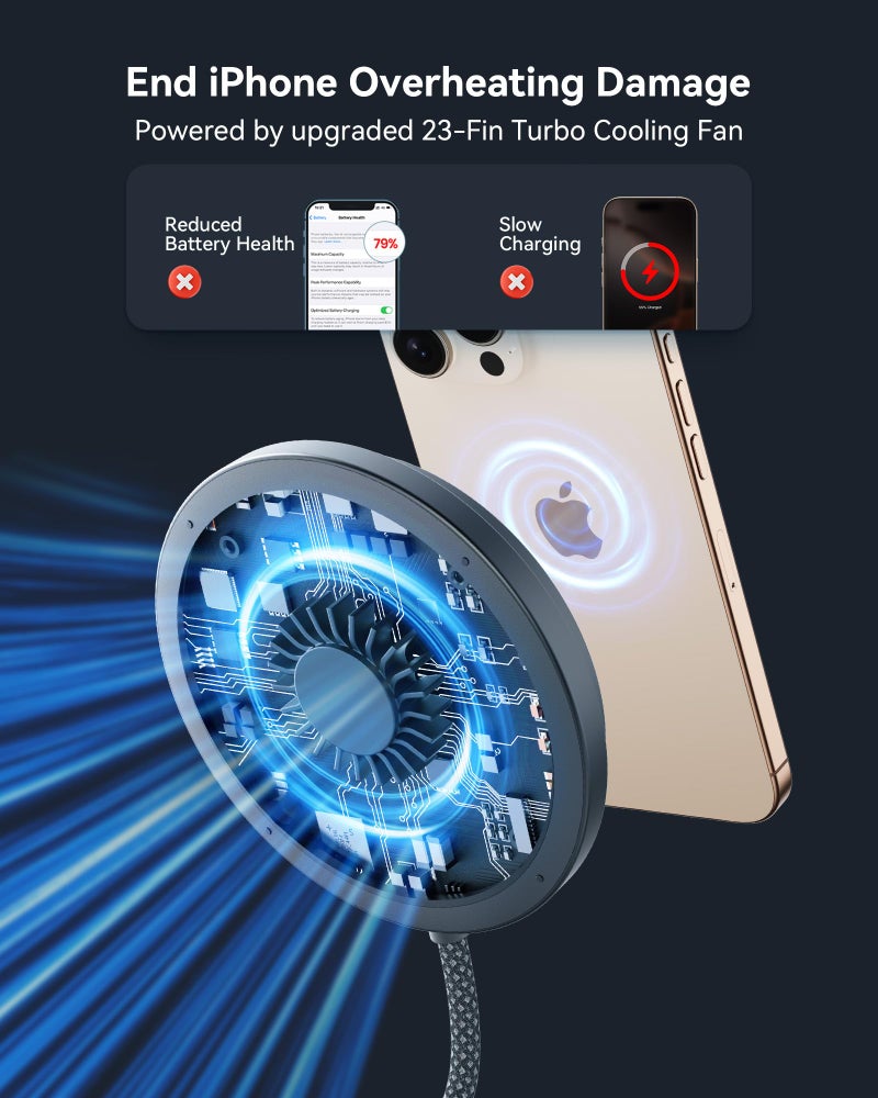 INIU Magnetic Wireless Charger Stand, Qi2 Certified 15W Mag-Safe Wireless Charging Pad with Cooling Fan, Fast Charging Pad for iPhone 17 16 15 14 13 12 Series AirPods 4 3 2 Pro (with Adapter) - Image 4