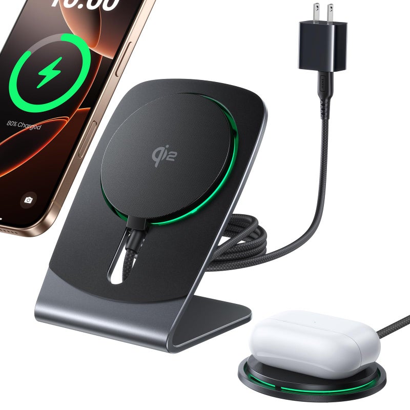 INIU Magnetic Wireless Charger Stand, Qi2 Certified 15W Mag-Safe Wireless Charging Pad with Cooling Fan, Fast Charging Pad for iPhone 17 16 15 14 13 12 Series AirPods 4 3 2 Pro (with Adapter) - Image 1
