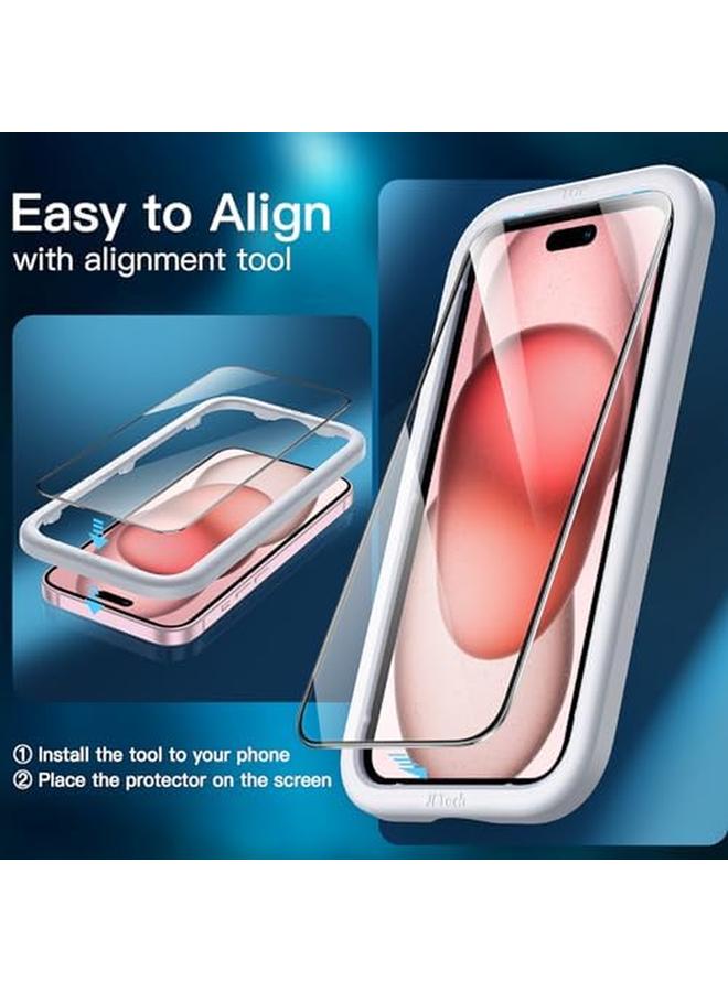 جي تيك واقي شاشة بتغطية كاملة لهاتف آيفون 15 مقاس 6.1 بوصة بحافة سوداء من الزجاج المقوى مع أداة تثبيت سهلة، عبوة من 3 قطع شفافة عالية الدقة - Image 5