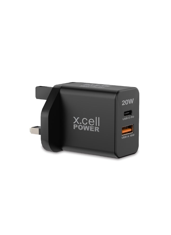 Xcell Xcell 20W GaN III Dual Port Fast Charger | USB-C Power Delivery 20W + USB-A 18W | Over-Charge & Heat Protection | Compact Wall Charger for iPhone, Samsung, iPad, Tablets | Ultra-Fast Charging – Black  - Image 1