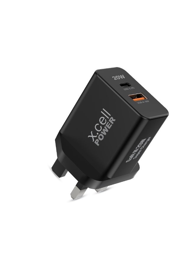 Xcell Xcell 20W GaN III Dual Port Fast Charger | USB-C Power Delivery 20W + USB-A 18W | Over-Charge & Heat Protection | Compact Wall Charger for iPhone, Samsung, iPad, Tablets | Ultra-Fast Charging – Black  - Image 2