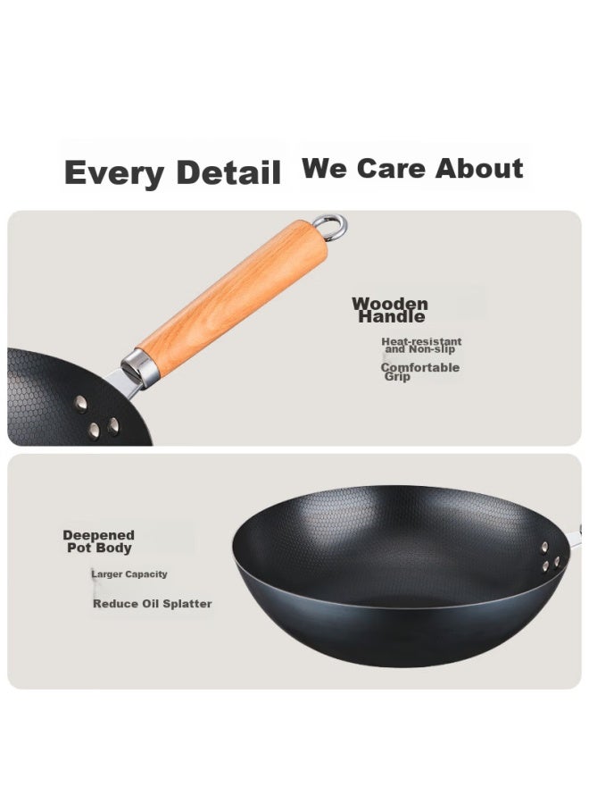 Supor Iron Wok, Honeycomb Non-coated Pure Iron Stir-fry Pan, Flat Bottom, Suitable For Gas Stove And Induction Cooker, 34cm With Lid - Image 4