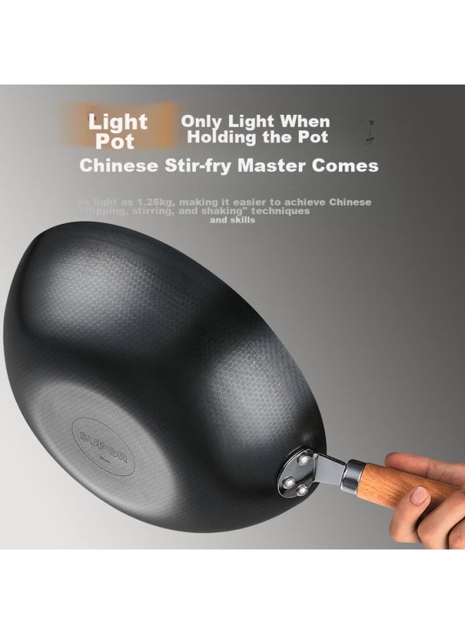 Supor Iron Wok, Honeycomb Non-coated Pure Iron Stir-fry Pan, Flat Bottom, Suitable For Gas Stove And Induction Cooker, 34cm With Lid - Image 3