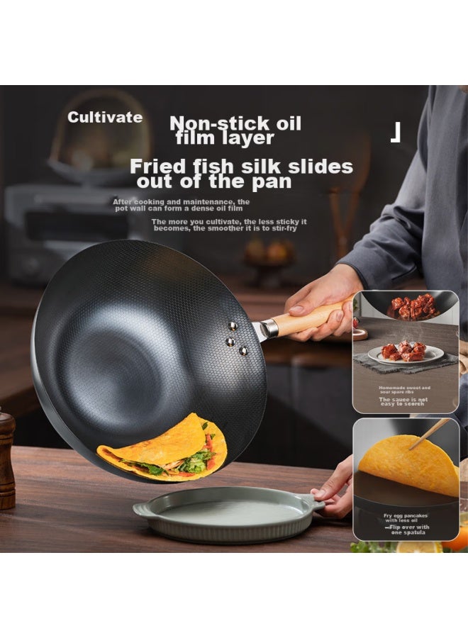 Supor Iron Wok, Honeycomb Non-coated Pure Iron Stir-fry Pan, Flat Bottom, Suitable For Gas Stove And Induction Cooker, 34cm With Lid - Image 2