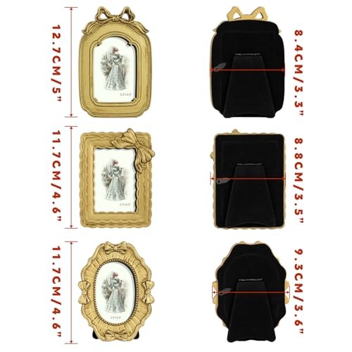 GUOER 3 Pcs Tiny Bow Picture Frames Small Vintage Picture Frames Gold Vintage Ornate Antique Resin Frame Table Top Display Frame for Home Wedding Decor(2.5 x 3.5 Inch,Gold) - Image 2