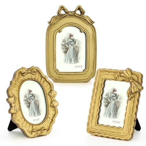 GUOER 3 Pcs Tiny Bow Picture Frames Small Vintage Picture Frames Gold Vintage Ornate Antique Resin Frame Table Top Display Frame for Home Wedding Decor(2.5 x 3.5 Inch,Gold) - Image 1