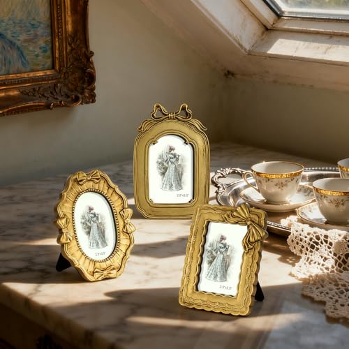 GUOER 3 Pcs Tiny Bow Picture Frames Small Vintage Picture Frames Gold Vintage Ornate Antique Resin Frame Table Top Display Frame for Home Wedding Decor(2.5 x 3.5 Inch,Gold) - Image 4