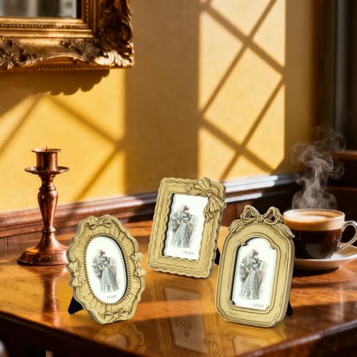GUOER 3 Pcs Tiny Bow Picture Frames Small Vintage Picture Frames Gold Vintage Ornate Antique Resin Frame Table Top Display Frame for Home Wedding Decor(2.5 x 3.5 Inch,Gold) - Image 5