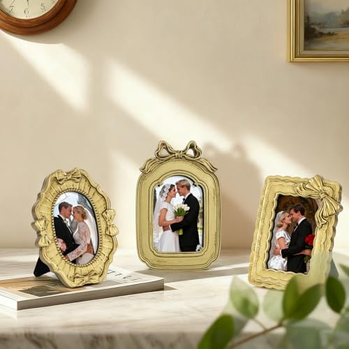 GUOER 3 Pcs Tiny Bow Picture Frames Small Vintage Picture Frames Gold Vintage Ornate Antique Resin Frame Table Top Display Frame for Home Wedding Decor(2.5 x 3.5 Inch,Gold) - Image 3