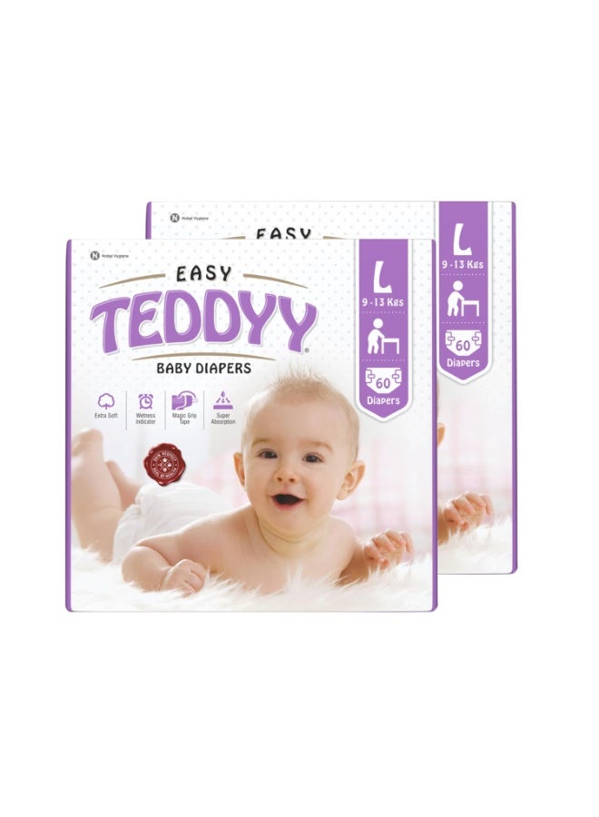 TEDDYY Easy Baby L Size Diaper Tape Style |60 Count (Large) | 9-13 kgs (Pack of 2) | Quick Absorbency | Extra Super Soft | Anti - Bacterial | Wetness Indicator with Adjustable Grip Tapes - Image 1