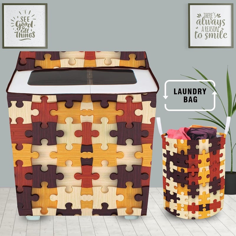 E-Retailer ERetailer Exclusive Polyester Combo Set of 1 Pc Semi Automatic Washing Machine Cover and 1 Pc Foldable Laundry BagColorYellow DesignGeometricPackage Contains2 Pcs - Image 1