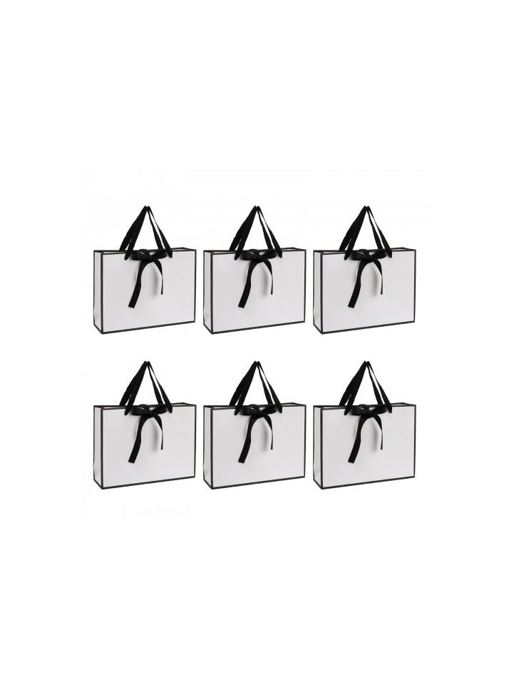 أكياس هدايا ورقية بمقابض، 6 أكياس هدايا متوسطة الحجم، 28 × 21 × 8 سم، أكياس هدايا أنيقة مغلفة بشريط فيونكة، أكياس هدايا مزخرفة لأعياد الميلاد وحفلات الزفاف والحفلات (أسود وأبيض) - Image 1