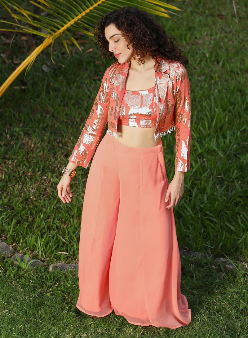 QISSA Women's Salmon Pink Plume Threads Co-Ord Set For Casual Wear | Lapel Collar | Long Sleeve | 3 Piece Co-Ords Designed With Comfort Fit For Everyday Ethnic Wear