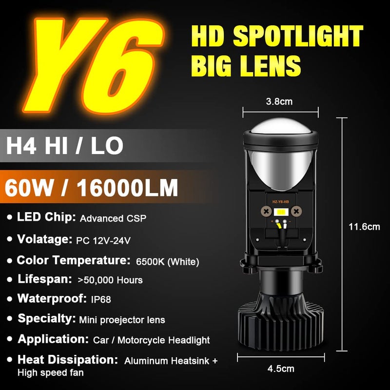 YSY 2Pcs H4/9003/HB2 LED Headlight Bulbs with Mini Projector Lens Canbus Hi/Lo Beam Solve Astigmatism Problem 16000lumens LED Headlight Kit for Headlight Retrofits or Fog Lamp Upgrade (Y6,H4) - Image 2