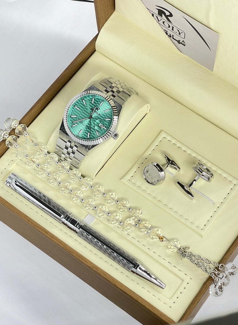 RR Men's stainless steel set consisting of a watch, a rosary, a pen and cufflinks