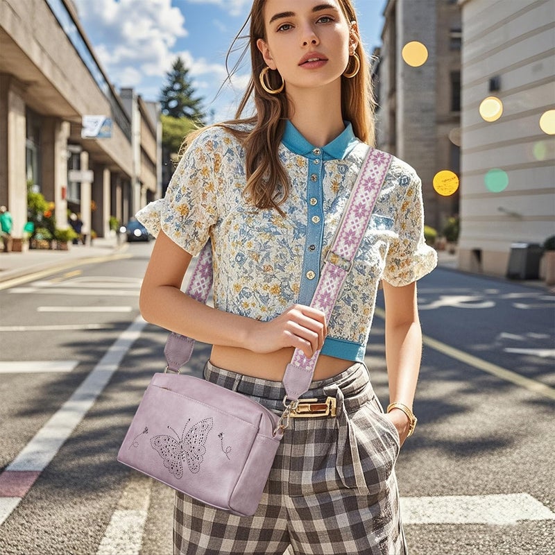 KITEVIUN Crossbody Bags for Women, Vegan Leather Phone Purse Triple Zip Butterfly Womenâ€™s Shoulder Handbags with Wide Strap Purple - Image 2