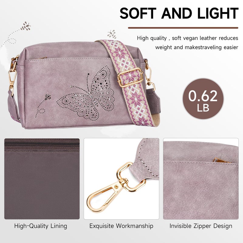KITEVIUN Crossbody Bags for Women, Vegan Leather Phone Purse Triple Zip Butterfly Womenâ€™s Shoulder Handbags with Wide Strap Purple - Image 4