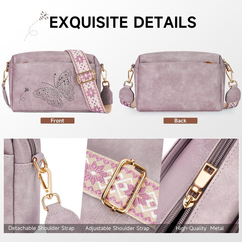 KITEVIUN Crossbody Bags for Women, Vegan Leather Phone Purse Triple Zip Butterfly Womenâ€™s Shoulder Handbags with Wide Strap Purple - Image 5