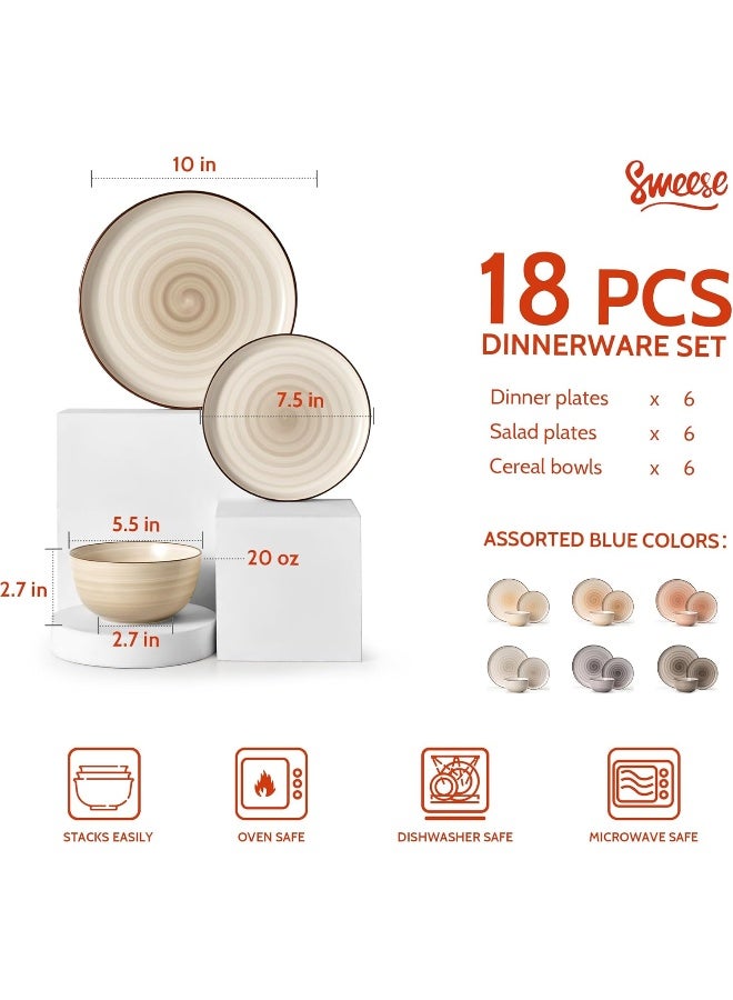 Sweese Plates and Bowls Sets 18 Piece Dinnerware Set Porcelain Round Dinner Set for 6 Scratch Resistant Dishes Set Dishwasher and Oven Microwave Safe Handpainted Swirl Dishware Sets Neutral - Image 2