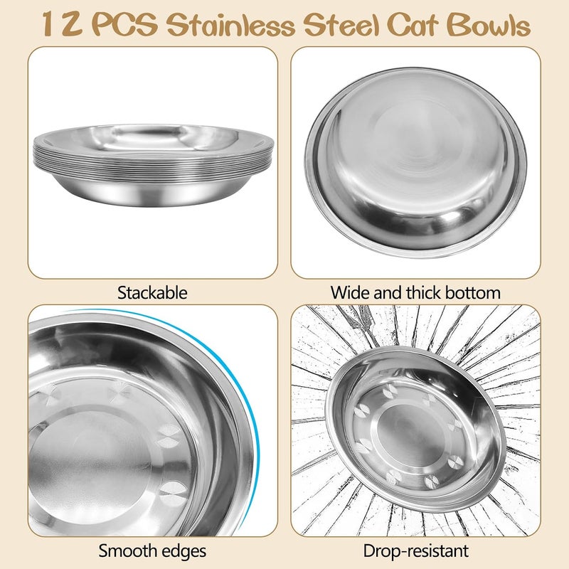 Kathson Shallow Stainless Steel Cat Bowls 12 Pcs Whisker Fatigue Cat Dishes Flat Dog Feeding Saucers Pet Food and Water Plate Set for Kitten Puppy and Other Small Animals (6.3 Inch Dia.) - Image 3