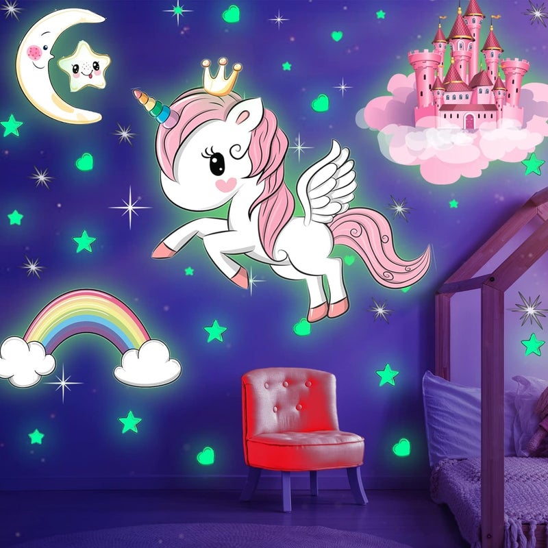 MAFOX Glow in The Dark Stars, Glowing Unicorn Sets with Castle Moon and Rainbow Wall Decals for Kids Bedding Room, Great for Birthday Gift Wall Mural Stickers for Girls and Boys - Image 1
