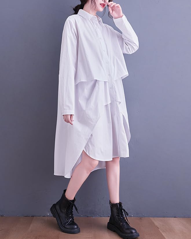 ellazhu Women's T-Shirt Dress Casual Lapel Long Sleeve Oversize Irregular Hem Button Down Solid GZ622 White - Image 1