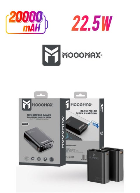Marvel power bank 20000mAh with 22.5W, and an elegant design, small Mini size and weight, two ports (Type-C) & (USB-A), portable power bank fast charging, and a digital display screen. Black color