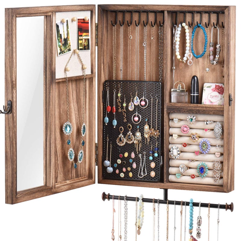 Keebofly Wall Mounted Jewelry Organizer Box Rustic Wood Large Space Jewelry Cabinet Holder Jewelry Storage Box for Necklaces Earrings Bracelets Ring Holder and Accessories Carbonized Black