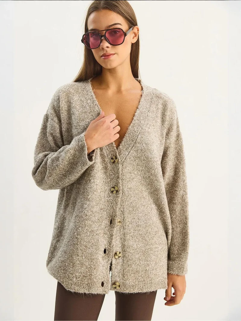 Bianco Lucci Beige Natural LUCCI Textured V-neck Buttoned Cardigan for Women | Best Price UAE