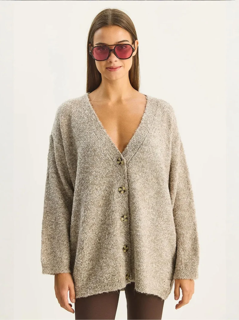 Bianco Lucci Beige Natural LUCCI Textured V-neck Buttoned Cardigan for Women | Best Price UAE