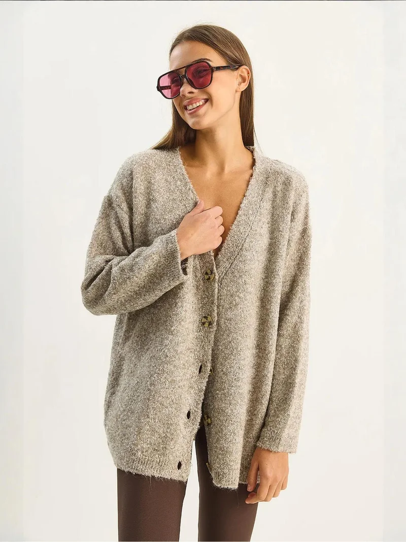 Bianco Lucci Beige Natural LUCCI Textured V-neck Buttoned Cardigan for Women | Best Price UAE