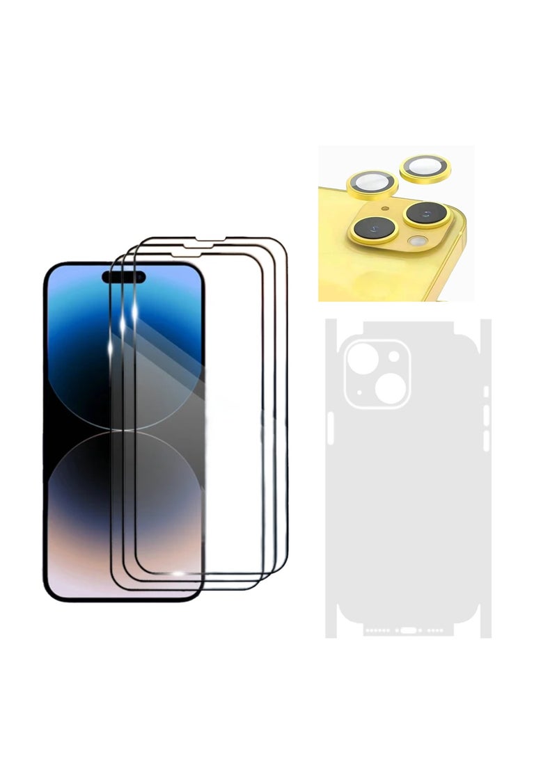 DIGI CORE iPhone Full Coverage Set iPhone 14 Screen Protector 3 Pack 6.1 Inch 2.5D Curved Edges With iPhone 14 Camera Lens And Anti-Scratch iPhone Back PVC Clear Sheet (iPhone 14,Yellow) - Image 1