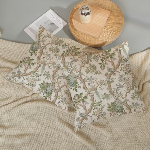 GOLIANDA Green Floral Bird Pillow Covers 20x20 Set of 2 Chinoiserie Throw Pillows Green Vintage Flowers Bird Decorative Pillow Cases Outdoor Chinoiserie Decor Farmhouse Cushion Case for Couch Sofa - Image 5