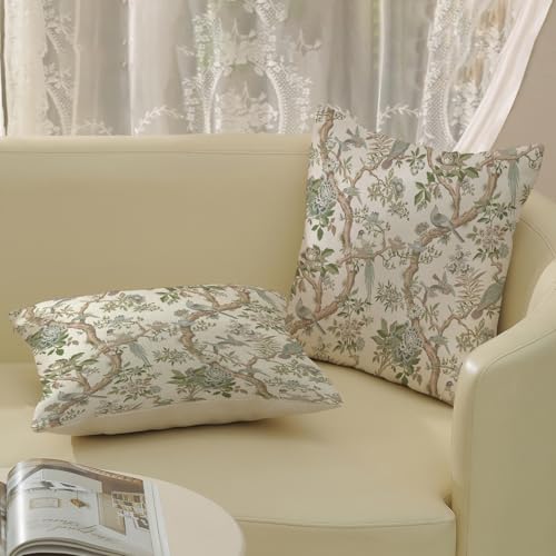 GOLIANDA Green Floral Bird Pillow Covers 20x20 Set of 2 Chinoiserie Throw Pillows Green Vintage Flowers Bird Decorative Pillow Cases Outdoor Chinoiserie Decor Farmhouse Cushion Case for Couch Sofa - Image 4
