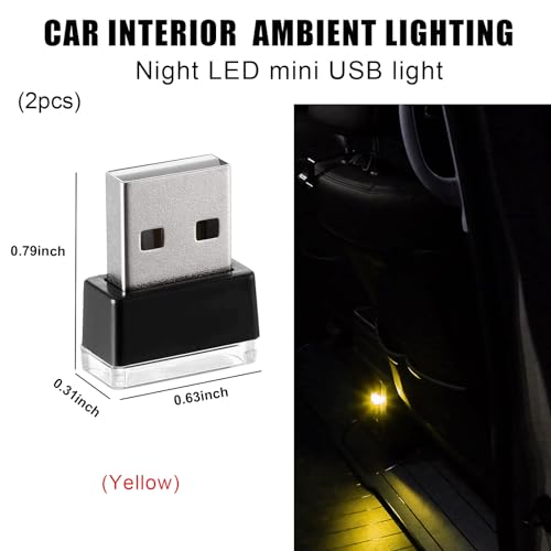 Sylvil 2 PCS USB LED Car Interior Atmosphere Lamp, Portable Mini LED Night Light, Plug-in USB Interface Trunk Ambient Lighting Kit, Universal Interior Car Accessories (Yellow) - Image 2