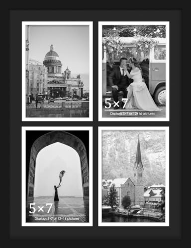 DUENPY 12x16 Collage Picture Frame 5x7 Collage Picture Frame, Displays Four 5x7 inch Photos, Wall Decor Wall Hanging or Tabletop, Black Mat. - Image 1