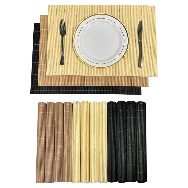 ANDSTAR Set of 12 Pcs Bamboo Placemats Natural Anti-Slip Bamboo Placemats Washable Heat-Resistant Table Mats for Dining Room and Kitchen(Natural 4pcs Brown 4pcs Black 4pcs) - Image 2