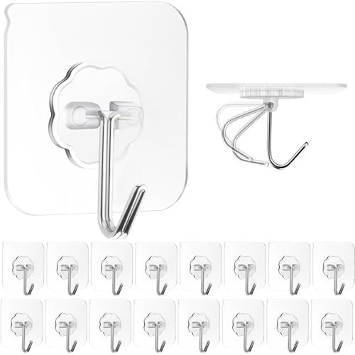 ZESLMG Adhesive Wall Hooks for Hanging, 16 Pack Self Sticky Hooks Heavy Duty 22lb Clear, Removable Shower Hook No Damage for Towel Key Coat Wreath Picture Outdoor Ceiling Bathroom Kitchen, Waterproof - Image 1
