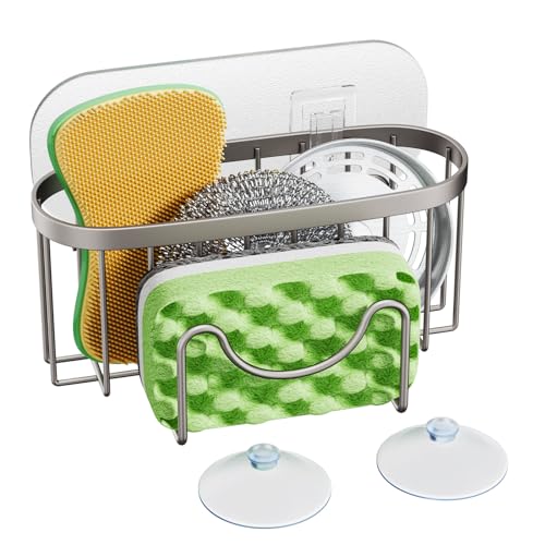 HapiRm Multifunctional Kitchen Sponge Holder with Unique MShaped 2 Installation Ways Sink Caddy Stainless Steel Kitchen Organizer for Sponge Brush Sink Stopper and Scraper Brushed Nickel - Image 1