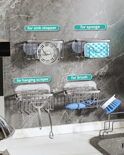 HapiRm Multifunctional Kitchen Sponge Holder with Unique MShaped 2 Installation Ways Sink Caddy Stainless Steel Kitchen Organizer for Sponge Brush Sink Stopper and Scraper Brushed Nickel - Image 3