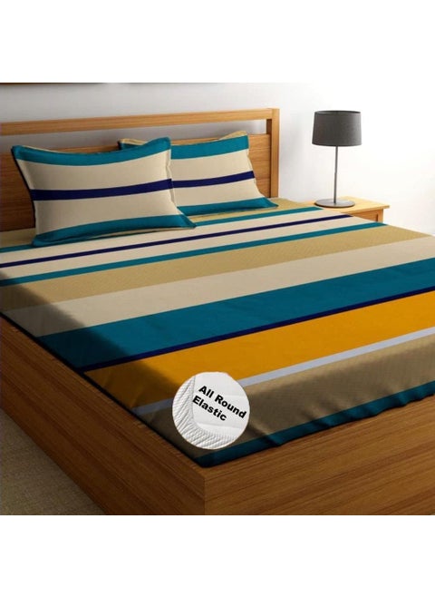 ULOM 220 TC Elastic Fitted Double King Size Bed Cotton Bedsheets with 2 Pillow Covers King Size 78 x 72 Lruxurious Bedding Set for Ultimate Comfort and Style White Geometric